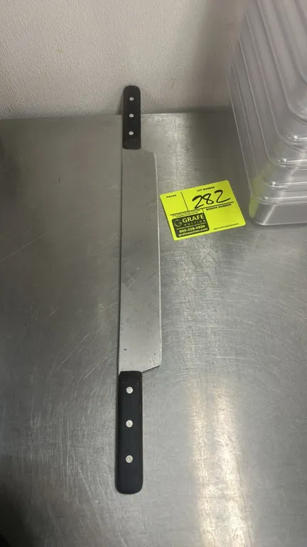 Stainless steel dual-handle knife. Features dual wood handles with three-rivet construction.