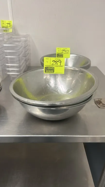 Stainless steel mixing bowls. Features rolled rim design. Dimensions: 13" diameter x 5" depth each.