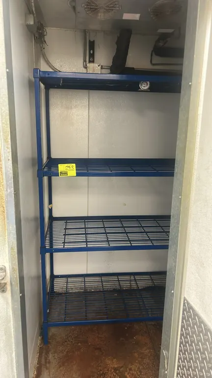 Metal wire multi-tier shelving rack. Features blue-coated finish with (4) wire grid shelves. Dimensions: 6' x 2'. Refrigeration components and walk-in