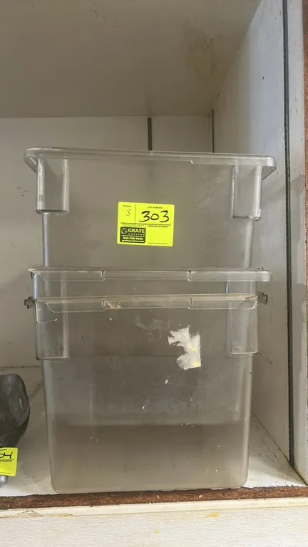 Poly food storage bins. Clear polycarbonate construction with integrated handles and nesting design. 24" x 16".
