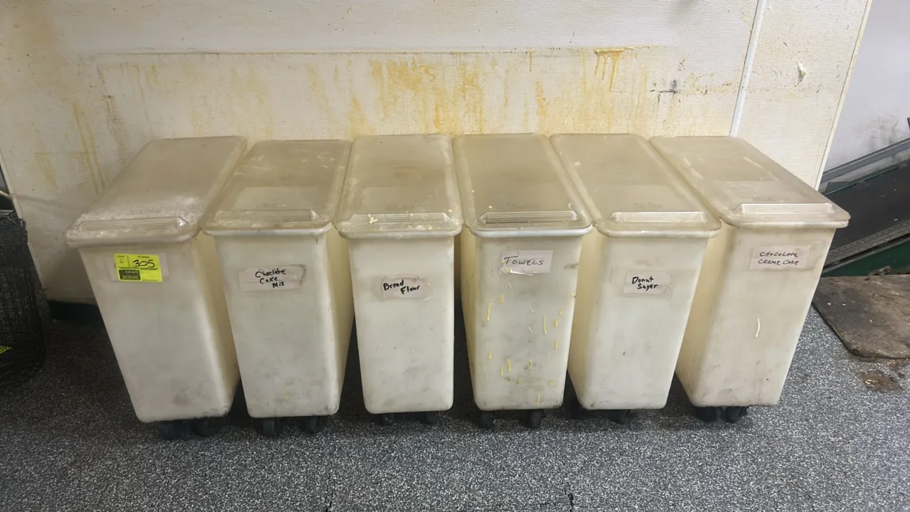 Polyethylene portable ingredient bins. Features clear sliding lids and smooth-rolling bases. Mounted on casters. Contents not included.