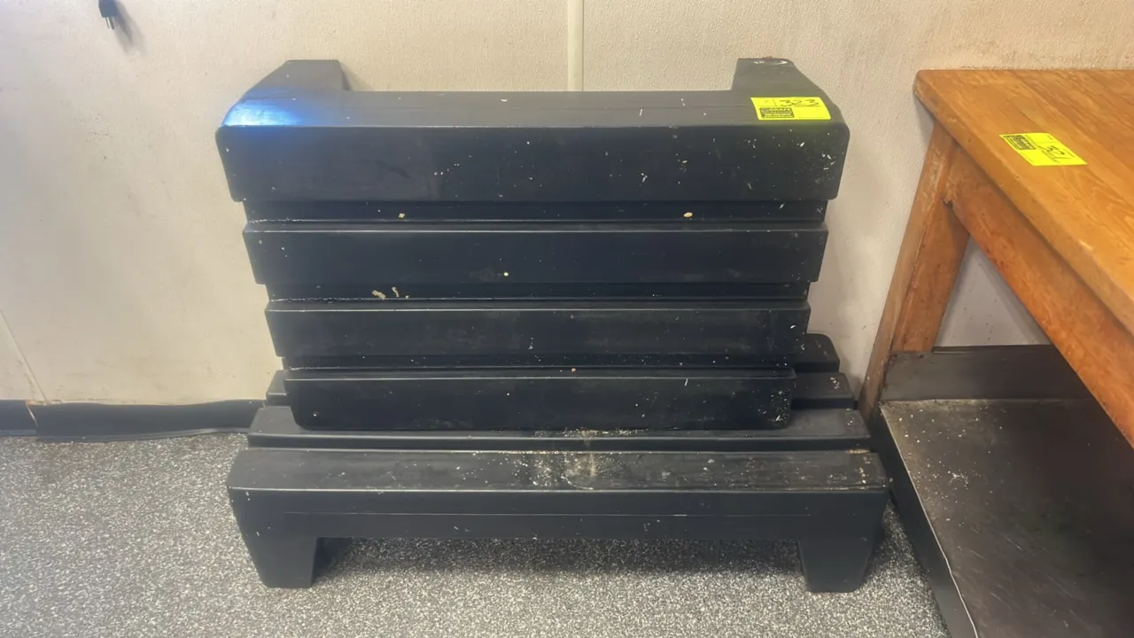 Poly dunnage racks. Constructed of black molded polyethylene with slotted deck surfaces. Dimensions: 3' x 2' and 44" x 18".