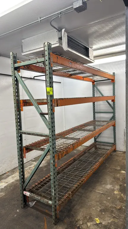 9'L section of Interlake pallet racking. Features 2'D x 7'H uprights, 4" crossbars, and 4 levels of wire mesh decking.