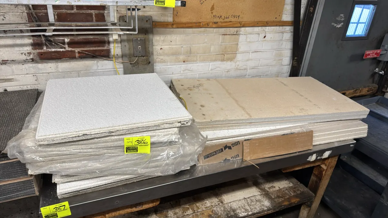 Package lot of assorted acoustic ceiling tiles. Includes square and rectangular drop ceiling tiles in various styles and sizes. Packaging marked USG C