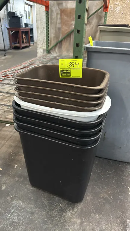 Office poly trash cans. Molded plastic construction in assorted colors including black, brown, and white. Stackable design.