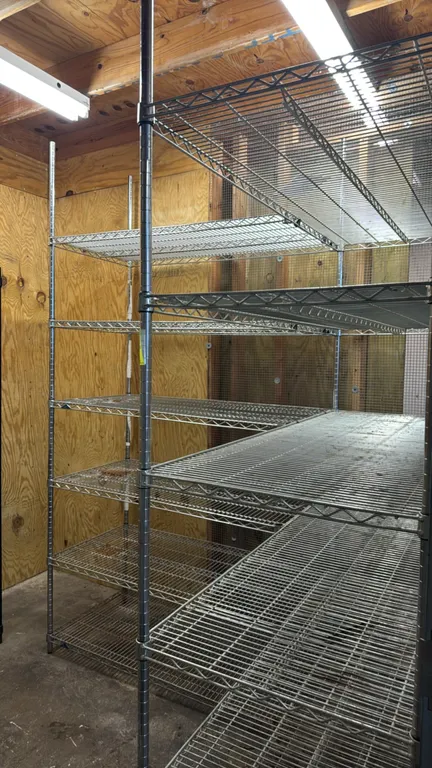 Metro chrome 6-tier wire shelving racks. Features adjustable wire shelves with corner-join connectors. Dimensions: 5'L x 2'W x 8'H and 4'L x 2'W x 8'H