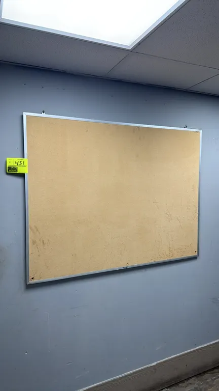 Cork bulletin boards. Features cork tack surfaces, one with an aluminum frame and one with a wood frame. 4' x 3'. Wall mounted.