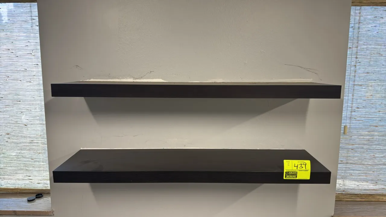Wood floating shelves. Features a dark woodgrain finish. Dimensions: 48" x 12" each. Wall mounted.