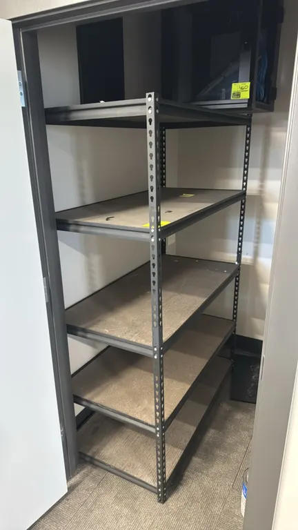 5-tier metal shelving rack. Features coated steel frame and wood decking. Dimensions: 4' x 2' x 6'.