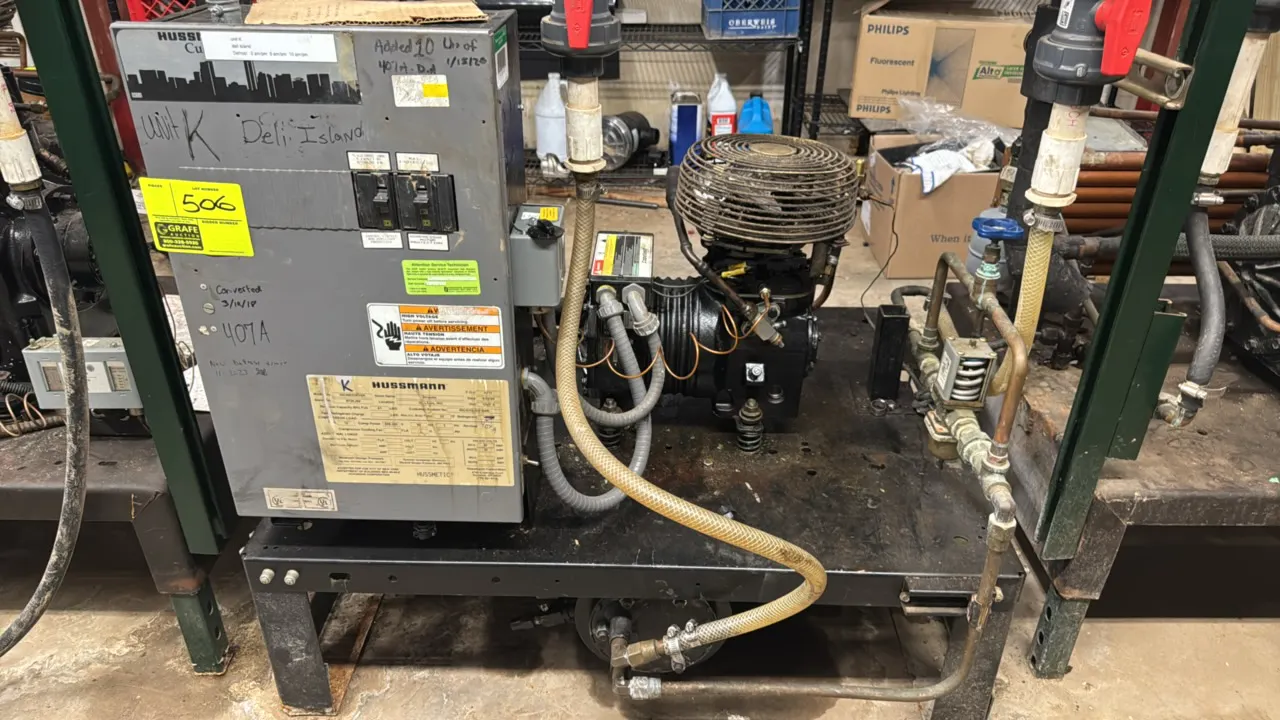 1999 Hussmann HICW0335VSK medium-temp compressor rack. Equipped with a 2019 Emerson Copeland 2 HP compressor (model KAKA-020E-TAC-800, S/N: 19D62063R)