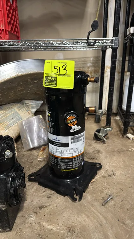 2023 Emerson Copeland ZS19KAE-TF5-818 scroll compressor. S/N: 23D0788GL. Electrical: 200-230V, 60 Hz / 200-220V, 50 Hz, 3-Phase. Mounted on a steel ba