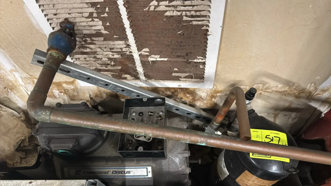 Copeland refrigeration compressors, including a 1999 Copeland Discus 3 HP compressor (Model: 2DF3-030E-TFC-800, S/N: ET 99H01022S) and a 2015 Copeland