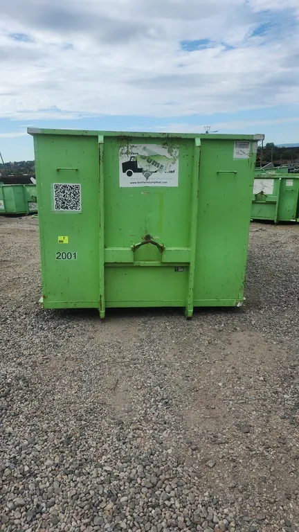 20-yard hooklift dumpster container. Features rear double barn doors, 36" hook height, and rear ground roller. Labeled container #2001. Dimensions: 11