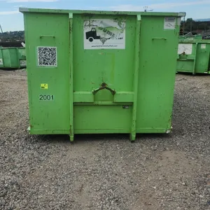 20-yard hooklift dumpster container. Features rear double barn doors, 36" hook height, and rear ground roller. Labeled container #2001. Dimensions: 11