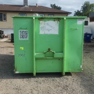 20-yard hooklift dumpster container. Features rear swing barn doors, front hooklift bar with 36" hook height, and rear roller. Marked container #2002.