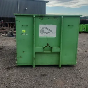 20-yard hooklift dumpster container (Container #2015). Features rear double barn doors with dual latches, front lift hook with 36" hook height, and bo
