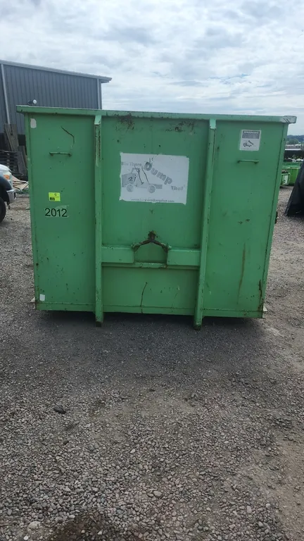 20-yard hooklift dumpster container. Features 36" hook height, double rear barn doors with locking latches, and bottom rear roller. Container #2012. D