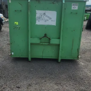 20-yard hooklift dumpster container. Features 36" hook height, double rear barn doors with locking latches, and bottom rear roller. Container #2012. D