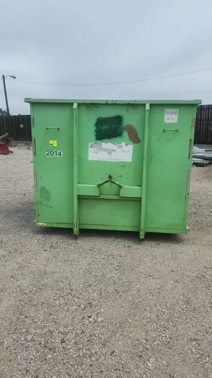 20-yard hooklift dumpster container. Features rear double barn doors, front hooklift assembly, 36" hook height, and rear roller. Marked container #201