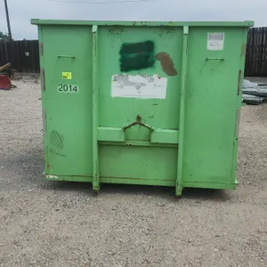 20-yard hooklift dumpster container. Features rear double barn doors, front hooklift assembly, 36" hook height, and rear roller. Marked container #201