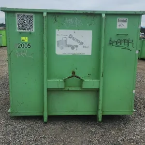 20-yard roll-off dumpster container. Features rear double barn doors, bottom rollers, side board pockets with wood boards, and hooklift attachment wit