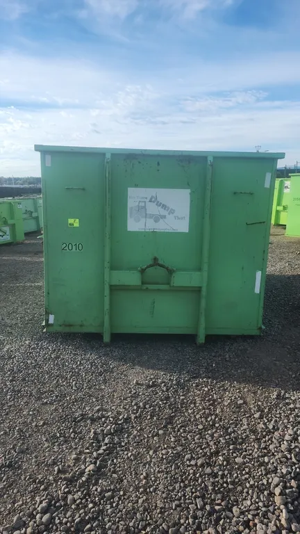 20-yard hooklift dumpster container. Features double rear barn doors and ground roller. 36" hook height. Container #2010. Dimensions: 11'L x 8'W x 6'D