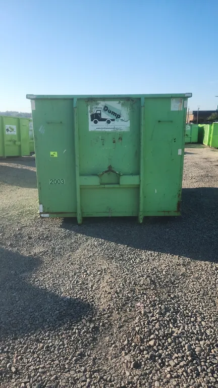 20-yard hooklift dumpster container, unit #2003. Features 36" hook height, rear double barn doors with latch mechanism, and rear ground rollers. Dimen
