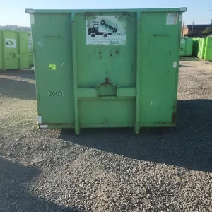 20-yard hooklift dumpster container, unit #2003. Features 36" hook height, rear double barn doors with latch mechanism, and rear ground rollers. Dimen