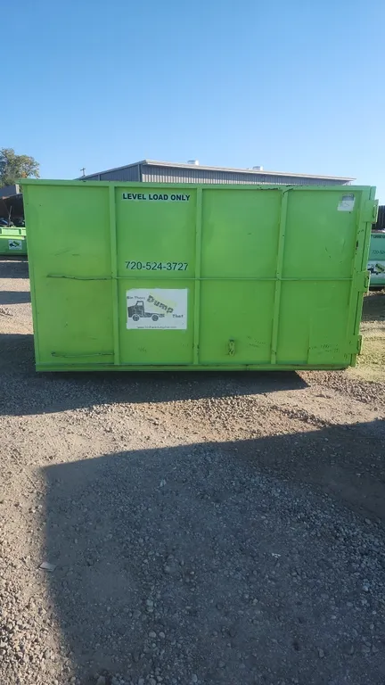 20-yard hooklift dumpster container. Features rear double barn doors with locking latches and 36" hooklift height. Container #2023. Dimensions: 11'L x