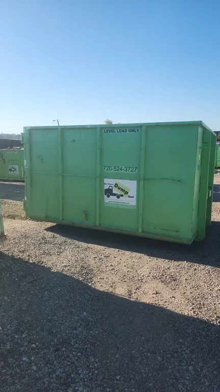 20-yard hooklift dumpster container (Container #2020). Features rear double barn doors with latch mechanism, 36" hook height, and green painted steel