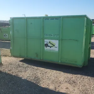 20-yard hooklift dumpster container (Container #2020). Features rear double barn doors with latch mechanism, 36" hook height, and green painted steel 