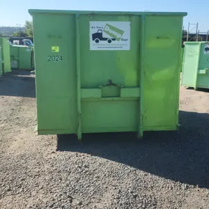 20-yard hooklift roll-off dumpster container. Features rear double barn doors, integrated bottom roller, and front lift hook with 36" hook height. Ide