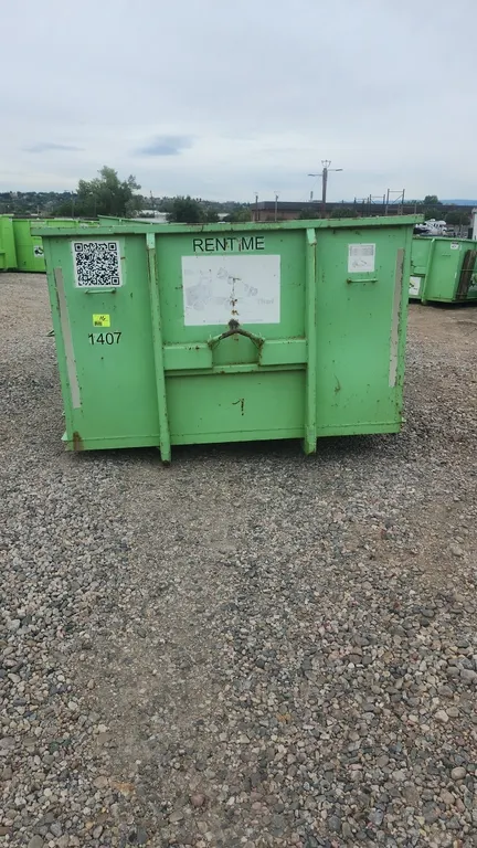15-yard hooklift dumpster container (Unit #1407). Features 36" hook height, rear double barn doors with latch mechanism, and rear ground roller. Dimen