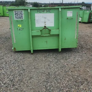 15-yard hooklift dumpster container (Unit #1407). Features 36" hook height, rear double barn doors with latch mechanism, and rear ground roller. Dimen
