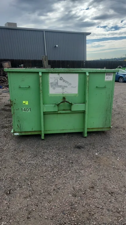 15-yard hooklift dumpster container. Marked unit #1401. Features double rear barn doors, 36" hook height, and rear ground rollers. Dimensions: 11'L x
