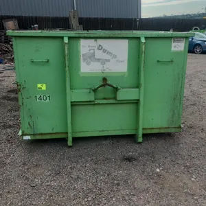15-yard hooklift dumpster container. Marked unit #1401. Features double rear barn doors, 36" hook height, and rear ground rollers. Dimensions: 11'L x 