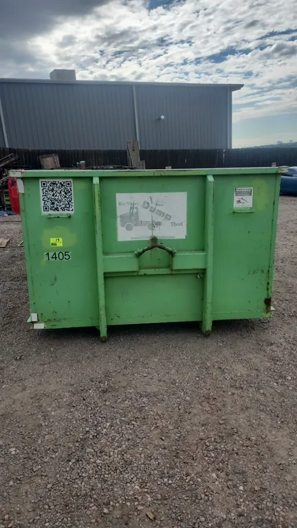 15-yard hooklift dumpster container. Features rear double barn doors with latch, 36" hook height, and bottom roller. Unit #1405. Dimensions: 11'L x 8'