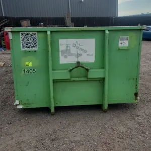 15-yard hooklift dumpster container. Features rear double barn doors with latch, 36" hook height, and bottom roller. Unit #1405. Dimensions: 11'L x 8'