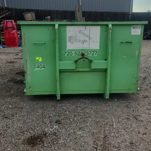 15-yard hooklift dumpster container (#1404). Features rear double barn doors, front hooklift attachment, 36" hook height, and bottom roller. Dimension