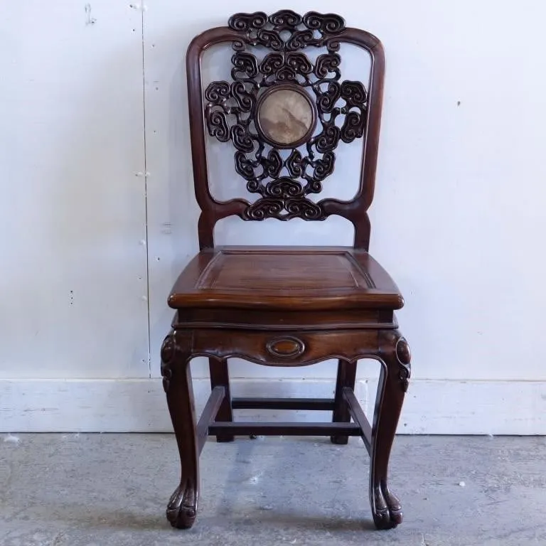 ANTIQUE CHINESE ROSEWOOD SIDE CHAIR, MARBLE INLAY