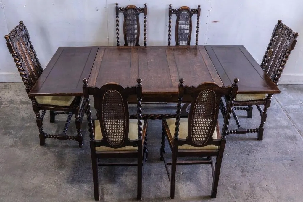ANTIQUE JACOBEAN OAK DRAWLEAF DINING TABLE 6CHAIRS
