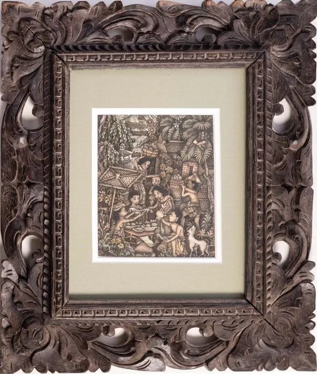 BALINESE BATUAN SCHOOL SCENE IN CARVED FRAME