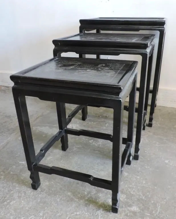 CHINESE BLACK WOODEN DRAGON&PHOENIX NESTING TABLES
