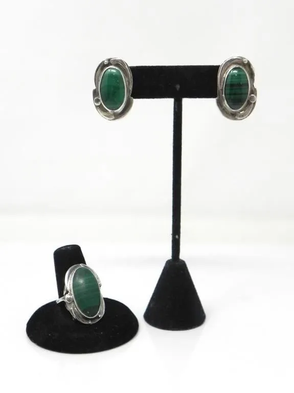 STERLING SILVER & MALACHITE CLIP ONS & RING 9.24g