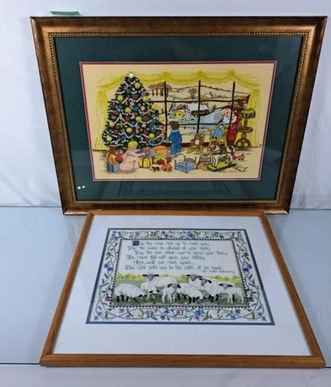 Pair of Hand Stitched Framed Art - Largest is