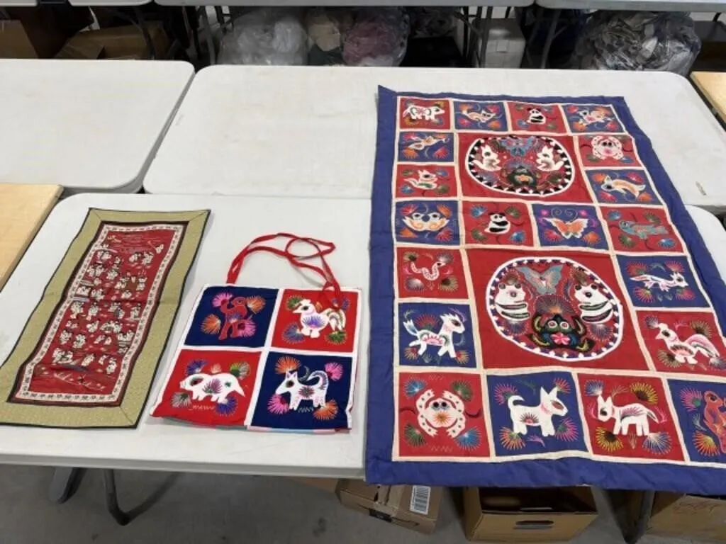 3 Hand Stitched Items - Wall Hangings & Bag
