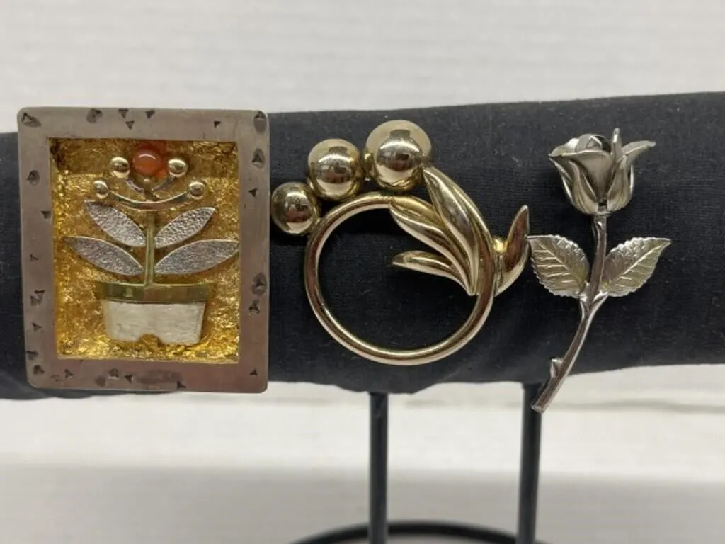 3 Floral Modern Metal Brooches