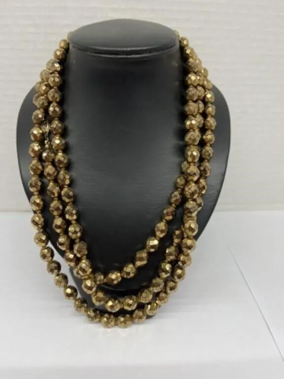 Gold Tone Faceted, Beaded Necklace with Each Bead