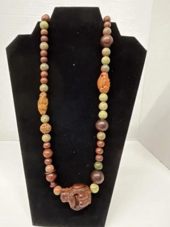 Agate and Wooden Beaded Necklace 31 " Long