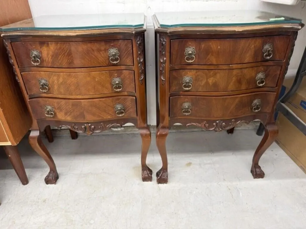 Pair Of 3 Drawer Side Tables With Glass Tops